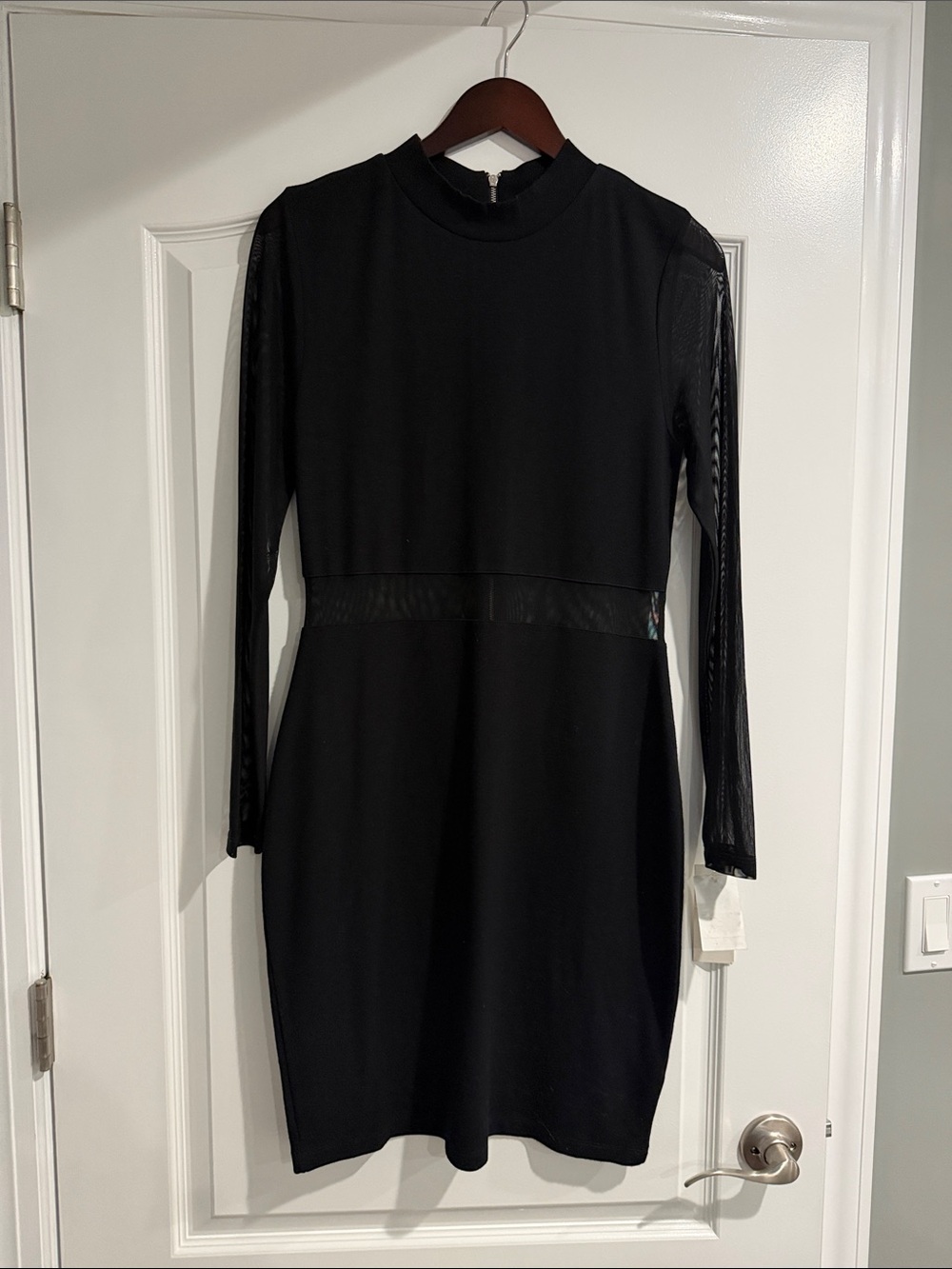 French Connection Black Long Sleeve Mesh-Inset Sheath Dress